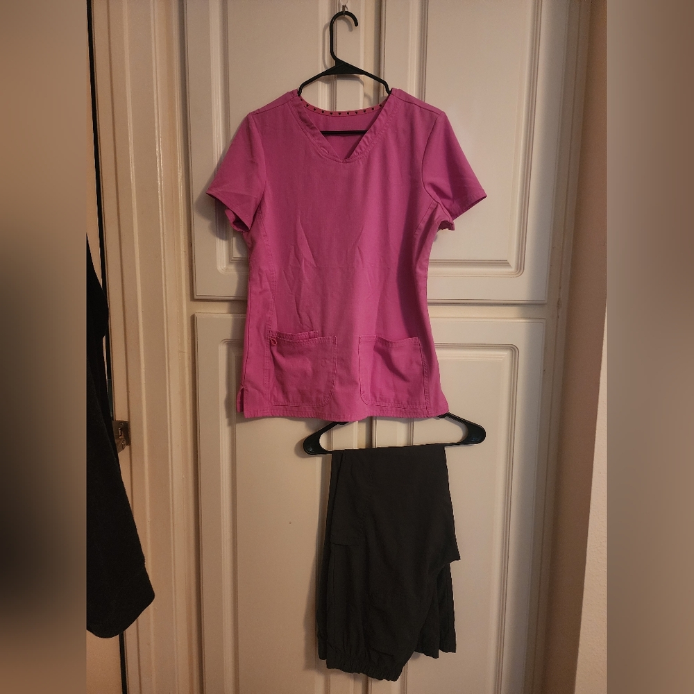 Pink Scrub Top and Gray Pants Set